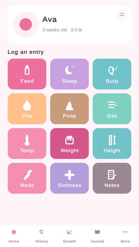 First Track app screen: one-tap logging for feeds, sleep, diapers, temperature and weight
