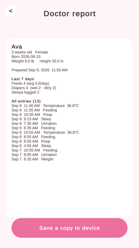 First Track app screen: a doctor-ready summary of feeds, diapers and sleep for the appointment