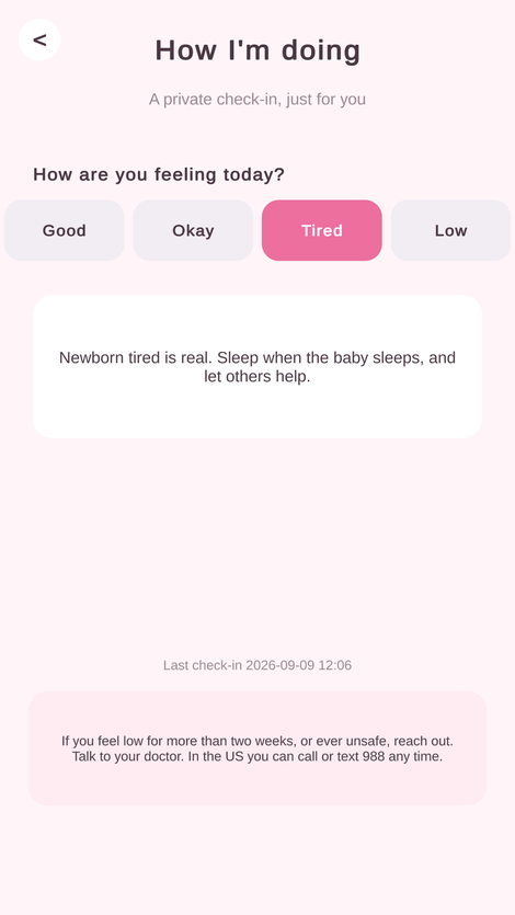 First Track app screen: a private well-being check-in for new parents