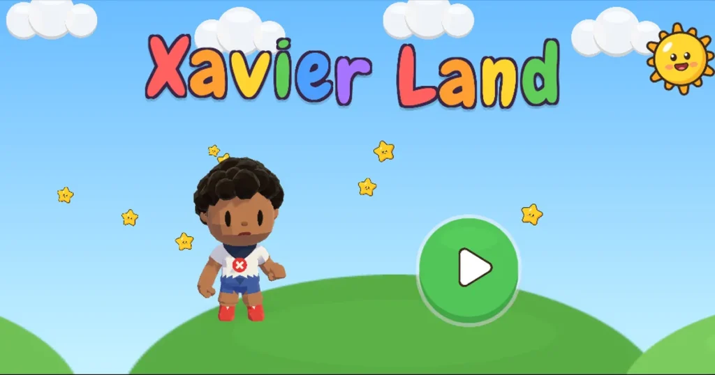 Xavier Land title screen: a cartoon Xavier under a rainbow game title with a big green play button