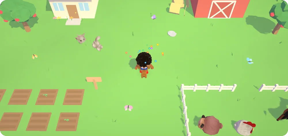 Xavier walks across his home farm in Xavier Land, past the barn, garden rows and animal pen