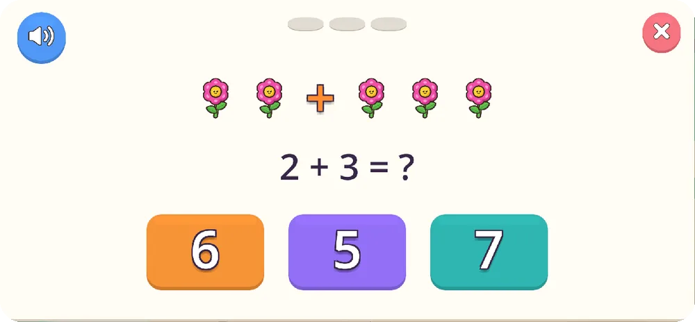 Xavier Land math question: 2 + 3 shown with flower pictures and three answer buttons