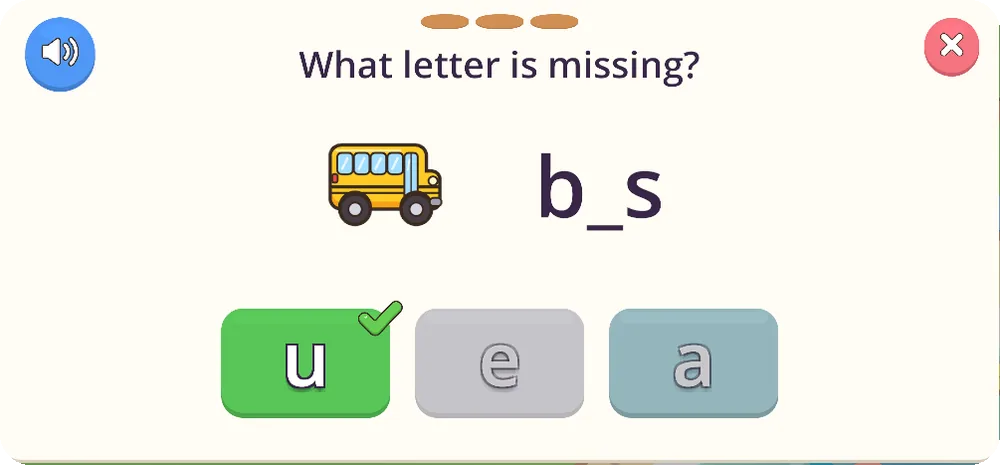 Xavier Land reading question: what letter is missing in b_s, with u marked correct